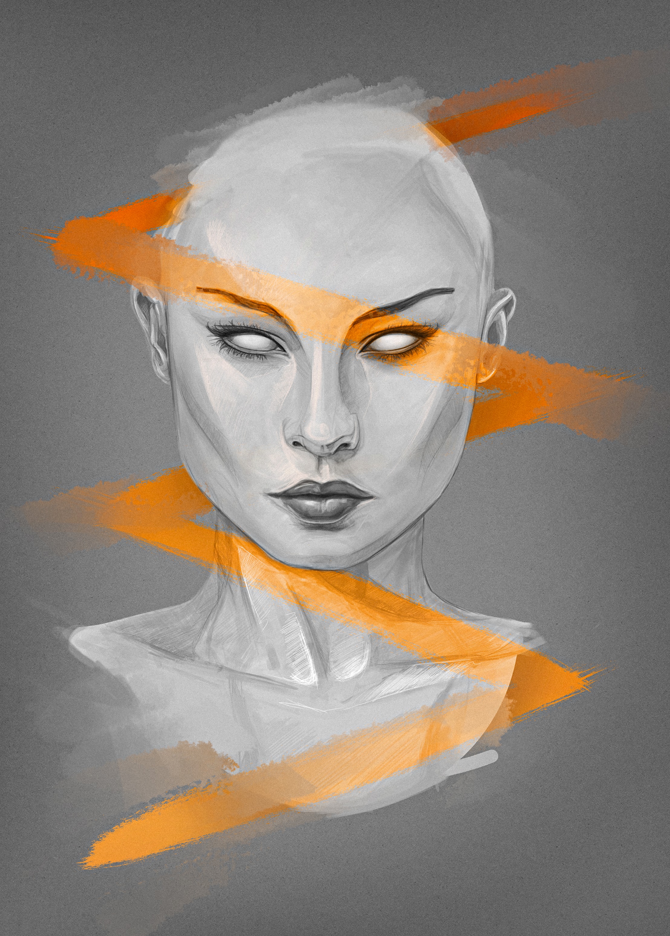 Abstract portrait of a hairless woman with decorative elements