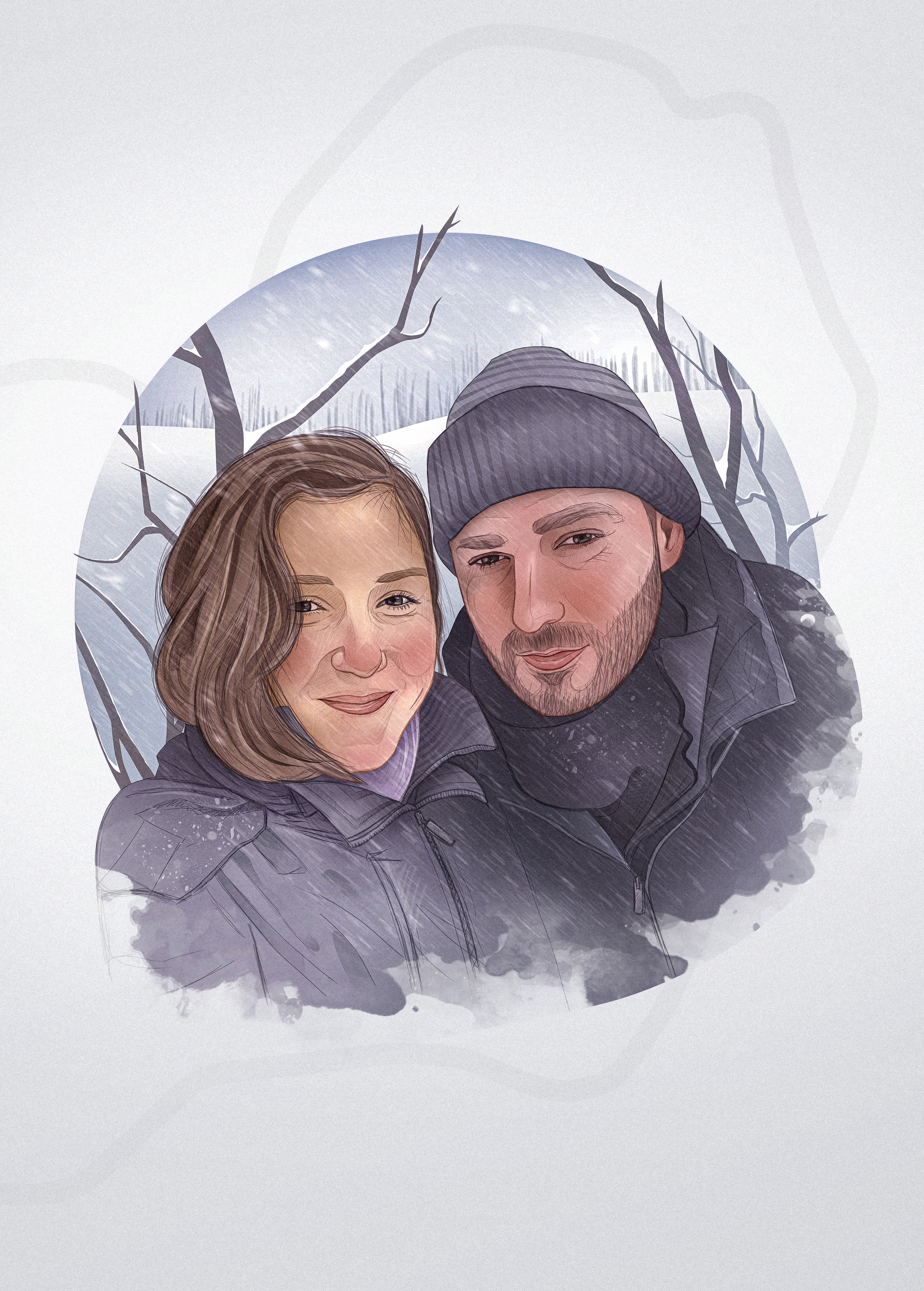 Illustrated couple in winter weather