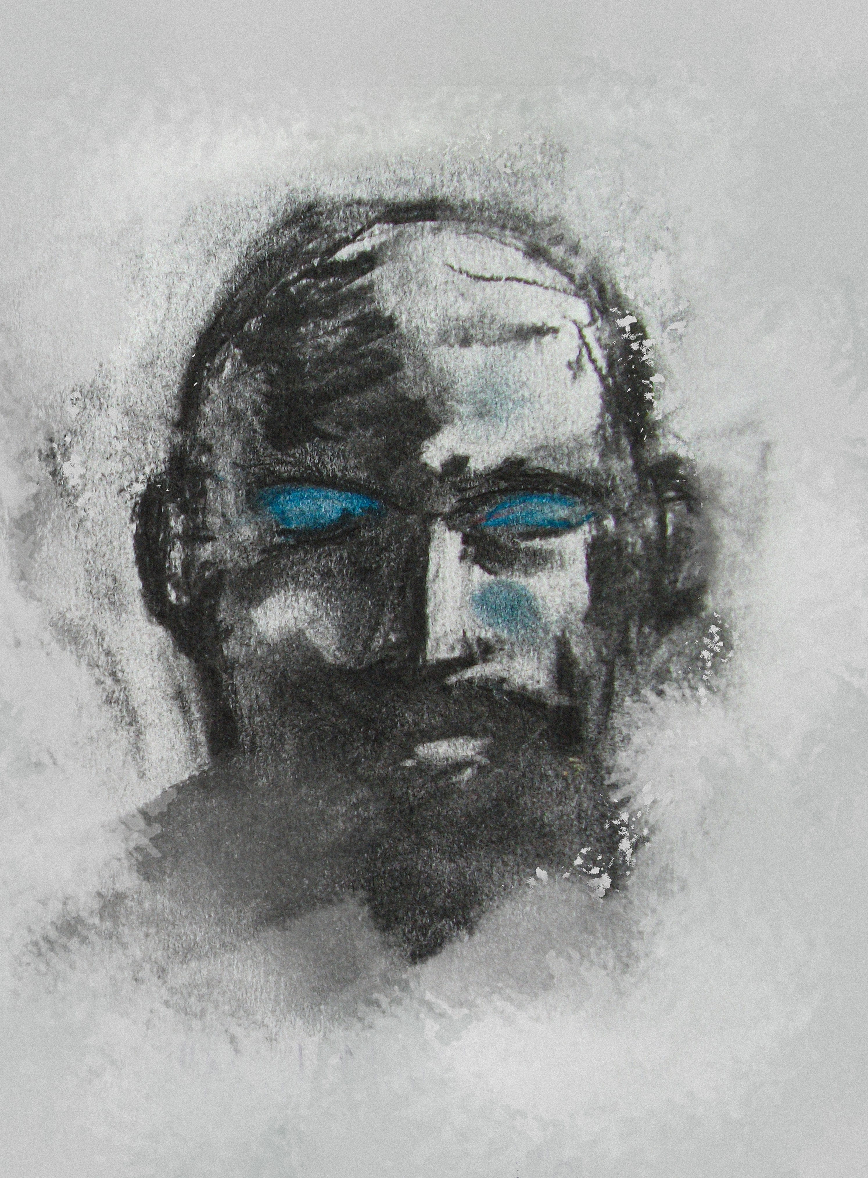Charcoal artwork of an older monk figure