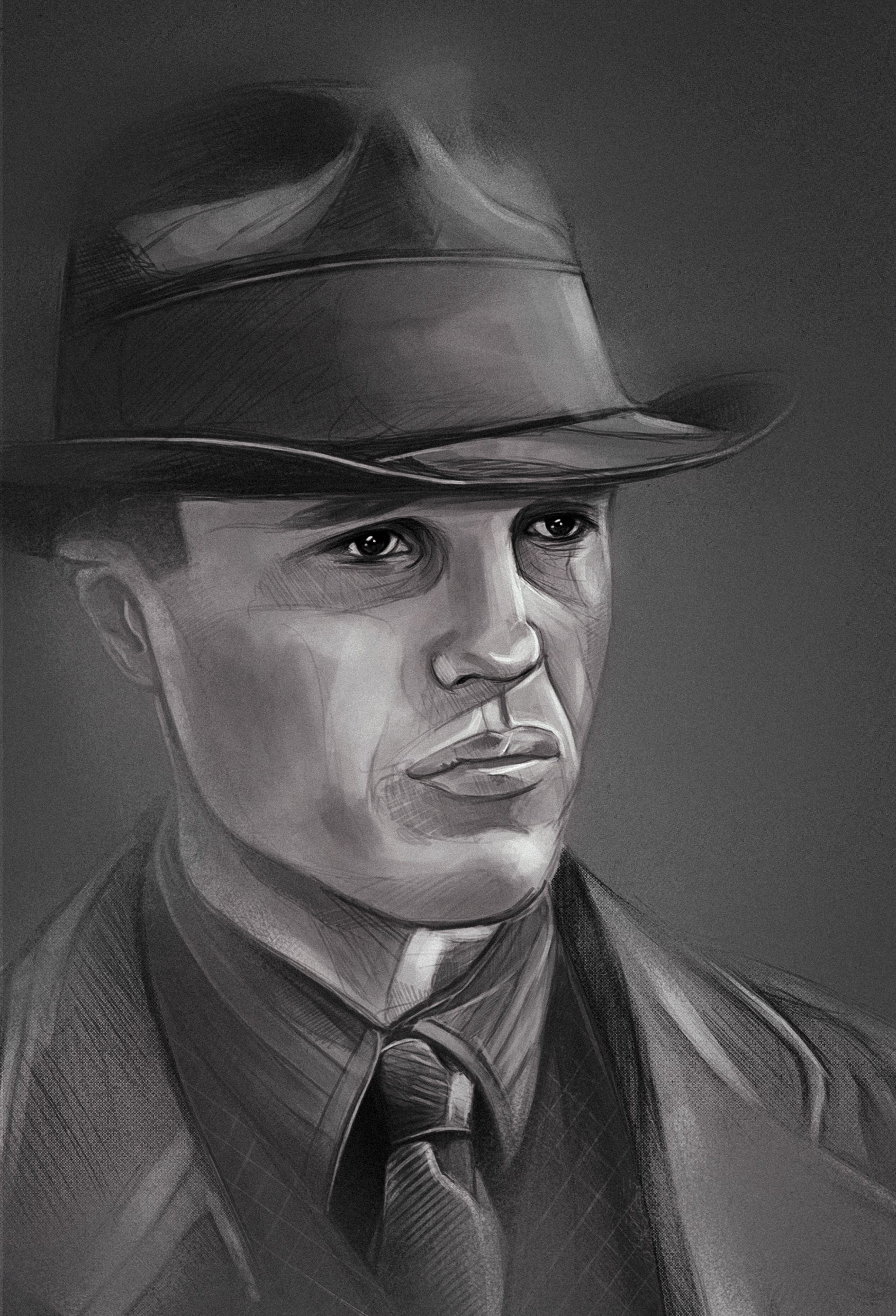 Profile illustration of a young man with a trilby and suit