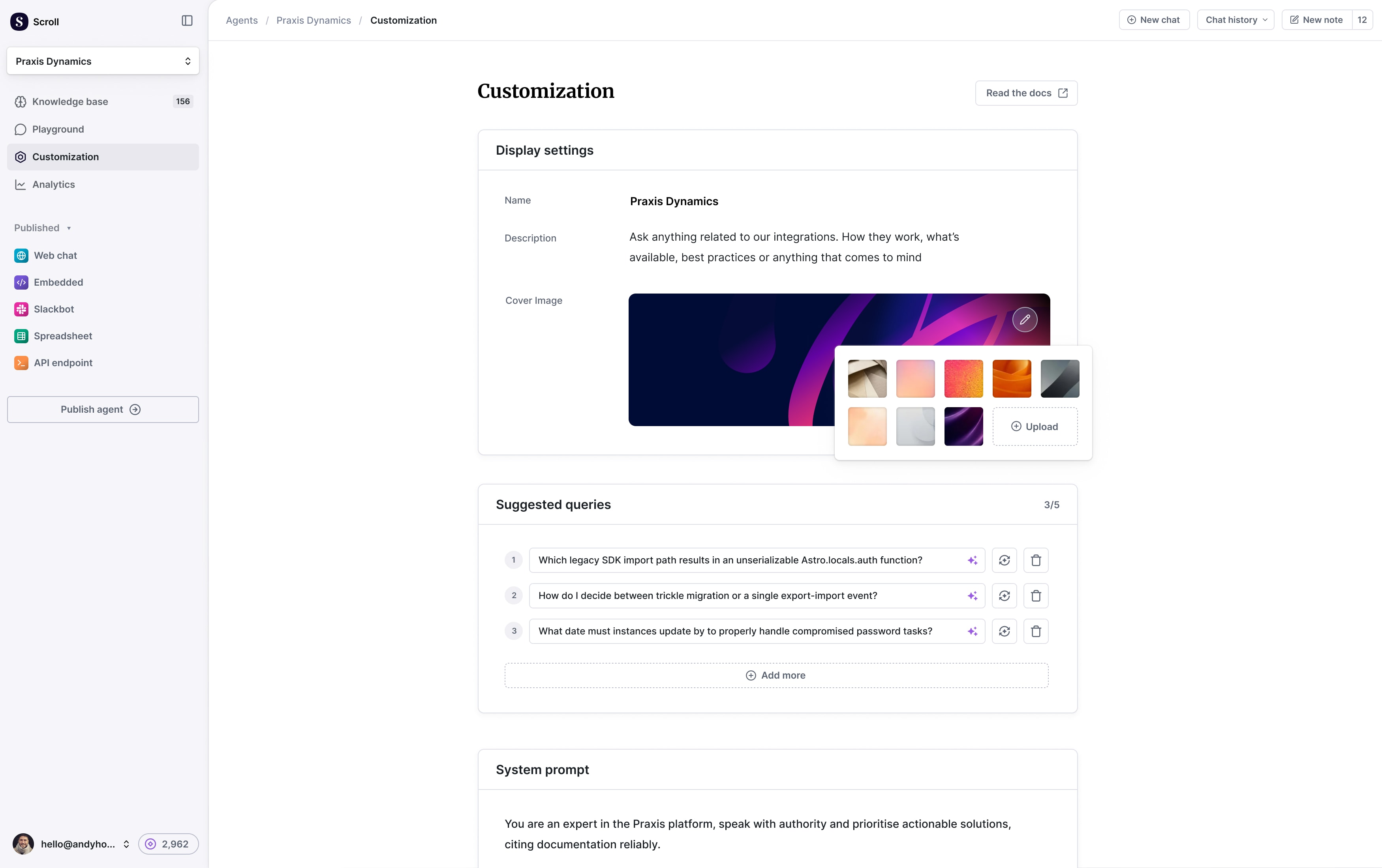 Scroll customization area showing form fields and image editing
