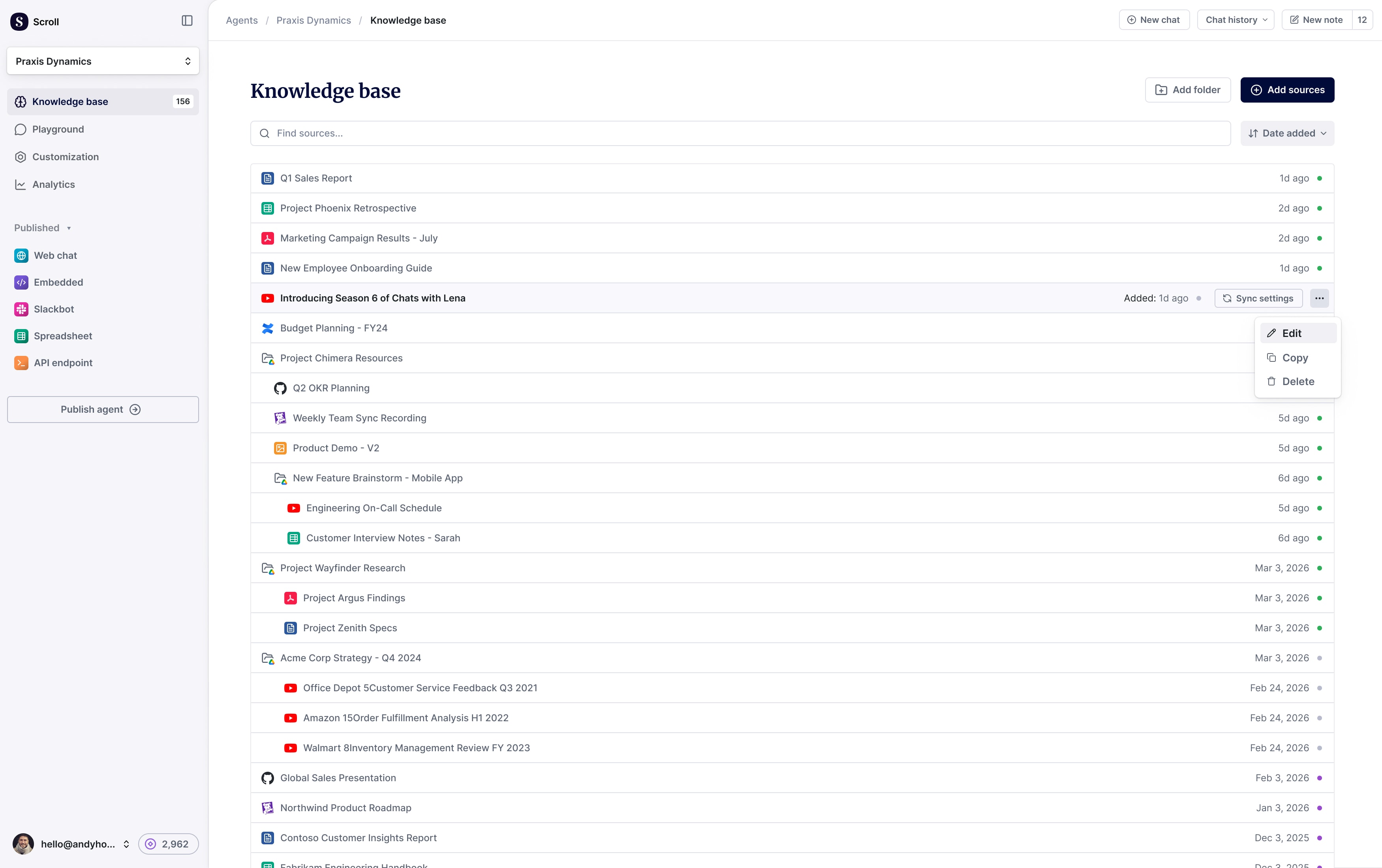 Scroll knowledge base screen showing a list of sources