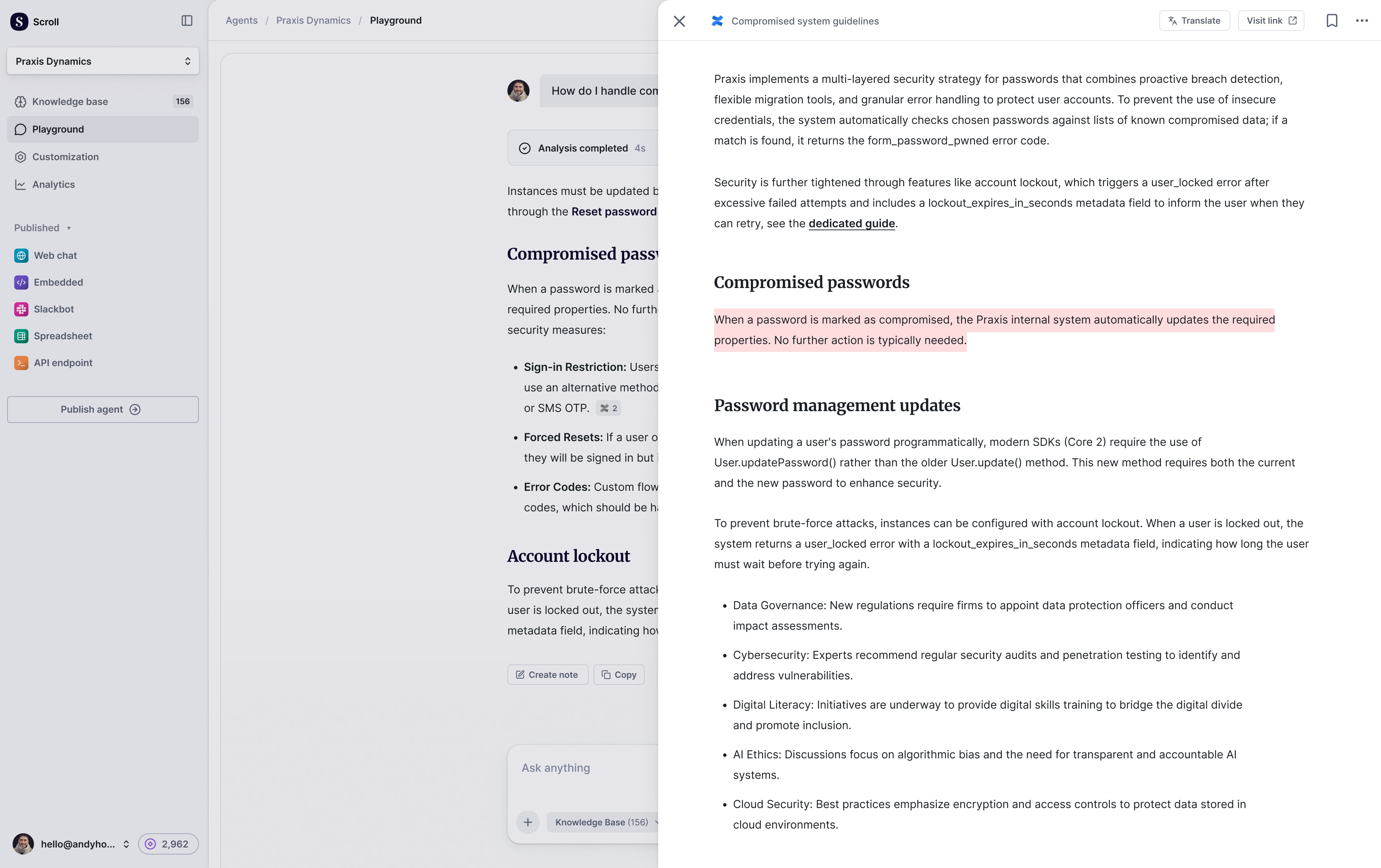 Scroll playground chat with a source overlayed and cited text highlighted