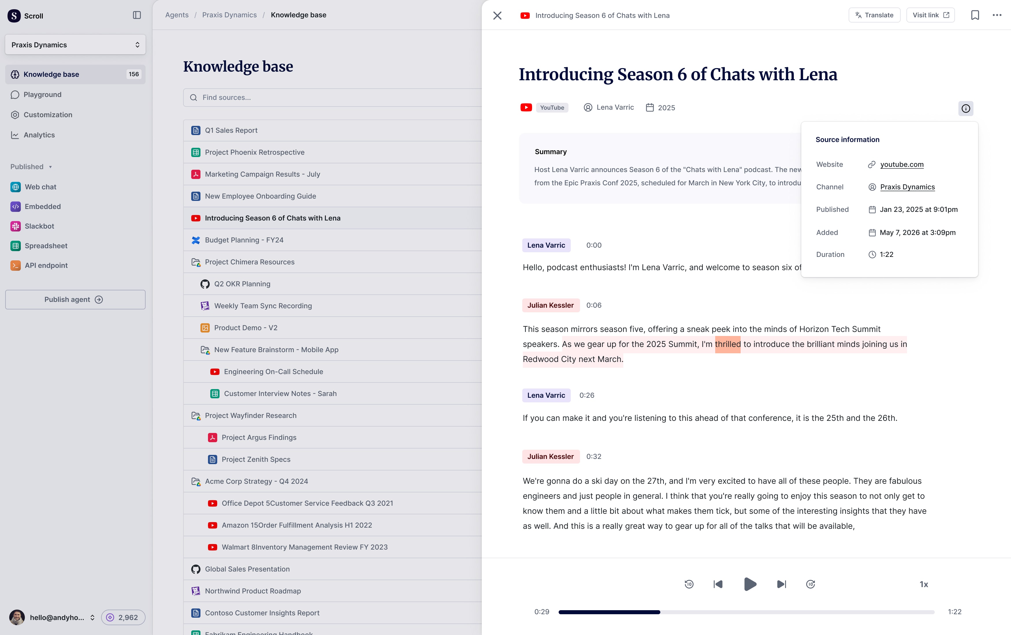 Scroll knowledge base screen overlayed by a transcribed source with playback controls